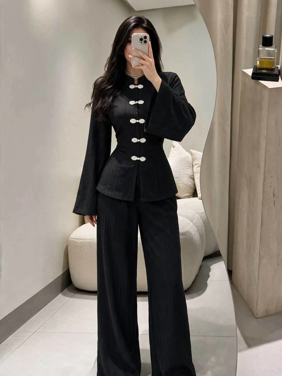 Modelyn Spring/Summer Women's 2 Pieces Set With Waist-Cinching Slimming Tie & Frog Button, Elegant Versatile Daily Commute Outfit - Black - View 1