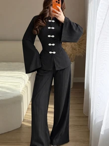 Modelyn Spring/Summer Women's 2 Pieces Set With Waist-Cinching Slimming Tie & Frog Button, Elegant Versatile Daily Commute Outfit - Black - View 9