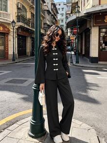 Modelyn Spring/Summer Women's 2 Pieces Set With Waist-Cinching Slimming Tie & Frog Button, Elegant Versatile Daily Commute Outfit - Black - View 5