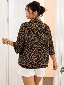 SHEIN Frenchy Vintage Leopard Print Plus Size Women's Single-Breasted Short Sleeve Shirt Fall - Multicolor - View 2