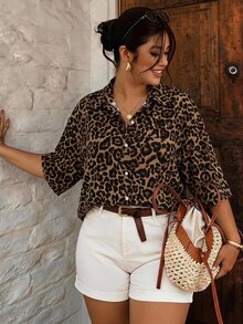 SHEIN Frenchy Vintage Leopard Print Plus Size Women's Single-Breasted Short Sleeve Shirt Fall - Multicolor - View 1
