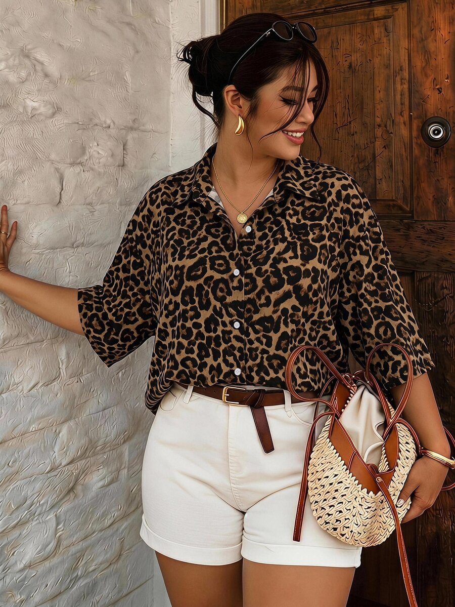 SHEIN Frenchy Vintage Leopard Print Plus Size Women's Single-Breasted Short Sleeve Shirt Fall - Multicolor - View 1