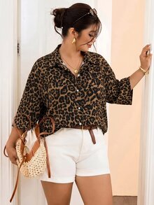 SHEIN Frenchy Vintage Leopard Print Plus Size Women's Single-Breasted Short Sleeve Shirt Fall - Multicolor - View 5