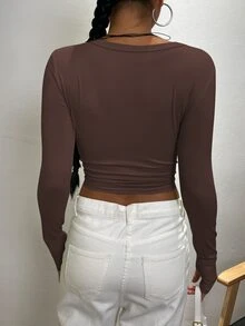 Cévolie Women's Solid Color Round Neck Long Sleeve Fitted Casual T-Shirt - Coffee Brown - View 2