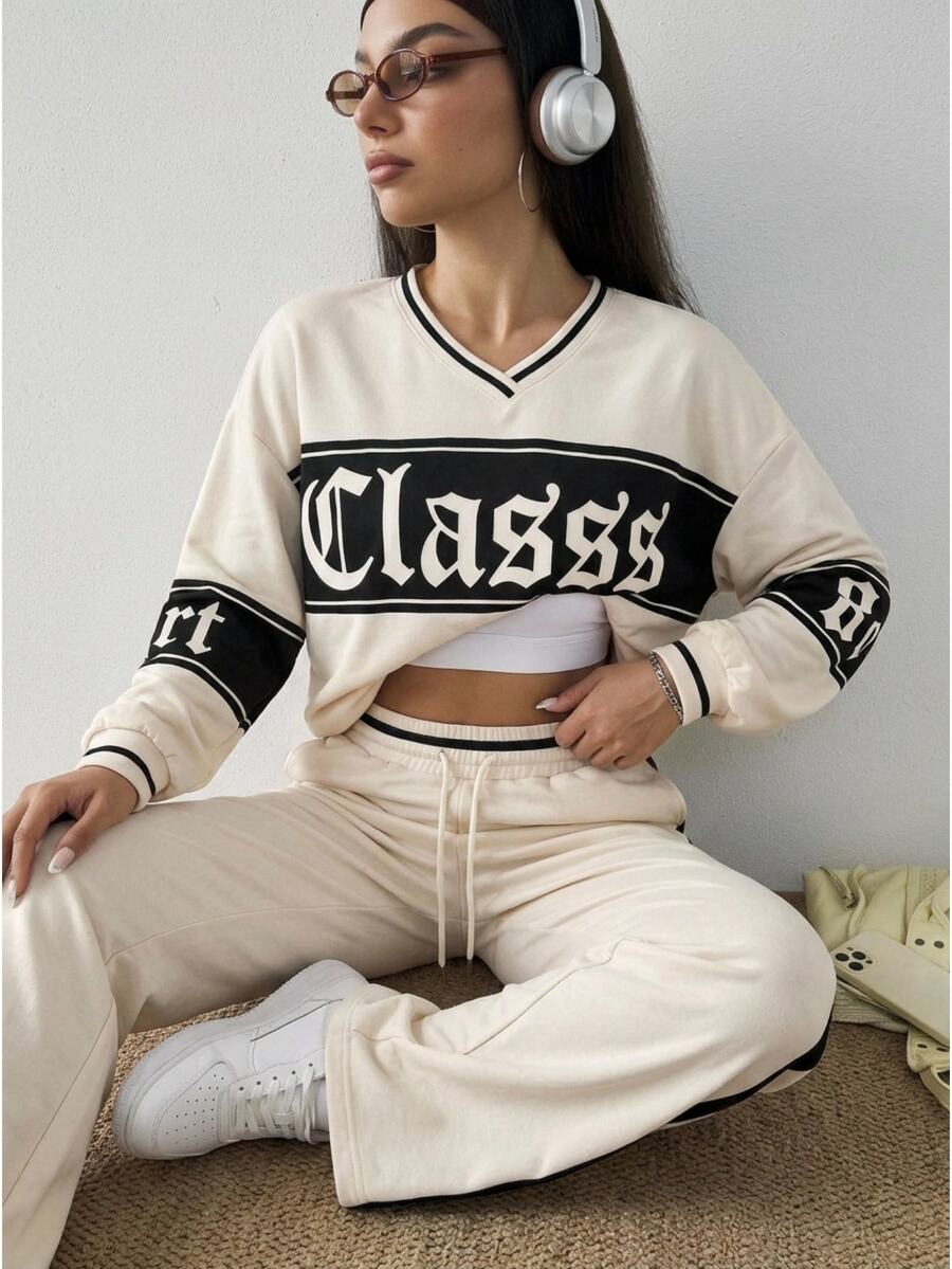 Slayform Slayform Women's Autumn/Winter Casual Sports Long Sleeve Letter Print Apricot Sweatshirt