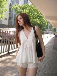 Sweetina 女款夏季休閒熱帶風純色背心短褲兩件套 度假米白色 - 白色 - 查看 3