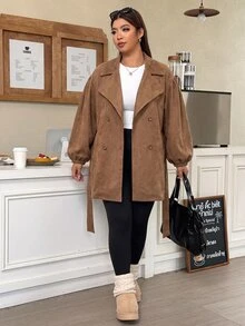 Muchica Elegant Baggy Casual Plus-Size Women's Jacket In Knitted Faux Suede For Autumn Winter Double-Breasted Design Belt Thanksgiving Holiday Camel - Coffee Brown - View 6