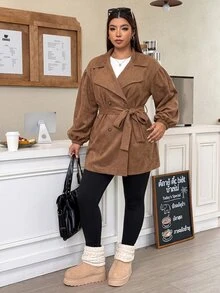 Muchica Elegant Baggy Casual Plus-Size Women's Jacket In Knitted Faux Suede For Autumn Winter Double-Breasted Design Belt Thanksgiving Holiday Camel - Coffee Brown - View 5