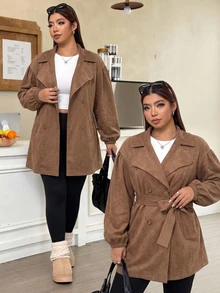 Muchica Elegant Baggy Casual Plus-Size Women's Jacket In Knitted Faux Suede For Autumn Winter Double-Breasted Design Belt Thanksgiving Holiday Camel - Coffee Brown - View 4
