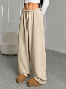 SHEIN Serisse Kids Tween Girls Autumn And Kids Winter Thermal Lined Thickened Simple Drawstring Loose Sports Straight Pants - Apricot - View 10