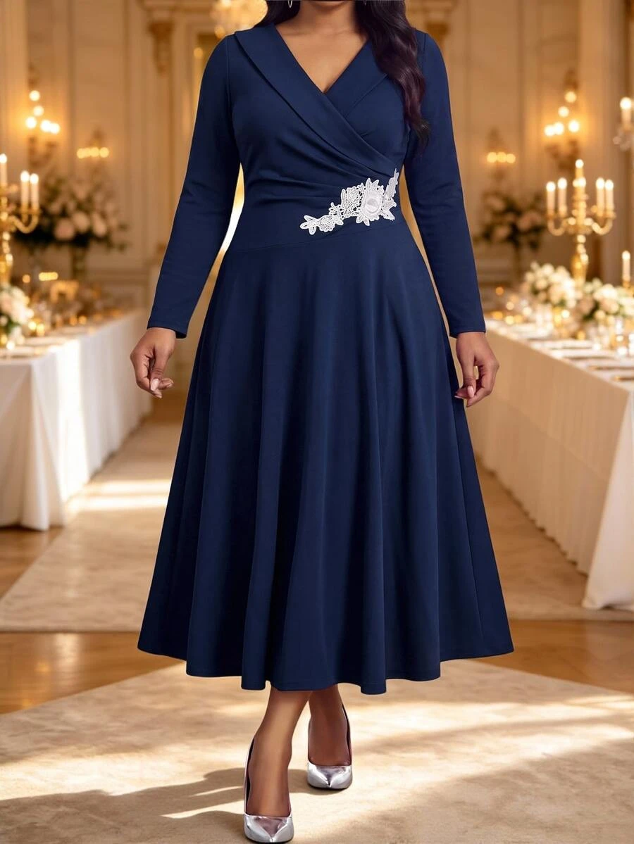 Fleurora Plus Size Women's V-Neck Long Sleeve Waist Applique Elegant Dress Fall - Navy Blue - View 1