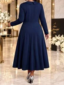 Fleurora Plus Size Women's V-Neck Long Sleeve Waist Applique Elegant Dress Fall - Navy Blue - View 2
