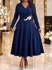 Fleurora Plus Size Women's V-Neck Long Sleeve Waist Applique Elegant Dress Fall - Navy Blue - View 4