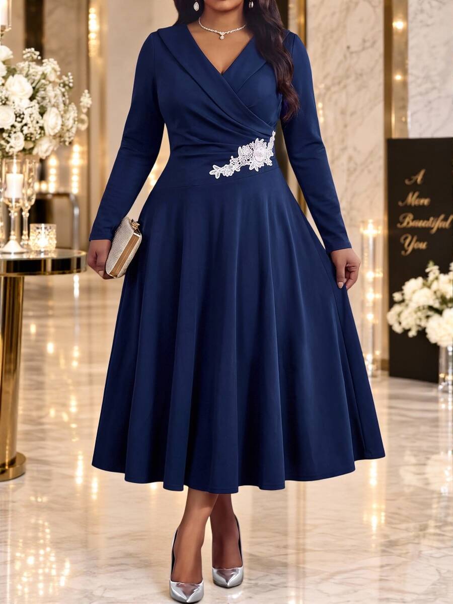 Fleurora Plus Size Women's V-Neck Long Sleeve Waist Applique Elegant Dress Fall - Navy Blue - View 1