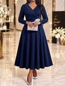 Fleurora Plus Size Women's V-Neck Long Sleeve Waist Applique Elegant Dress Fall - Navy Blue - View 3