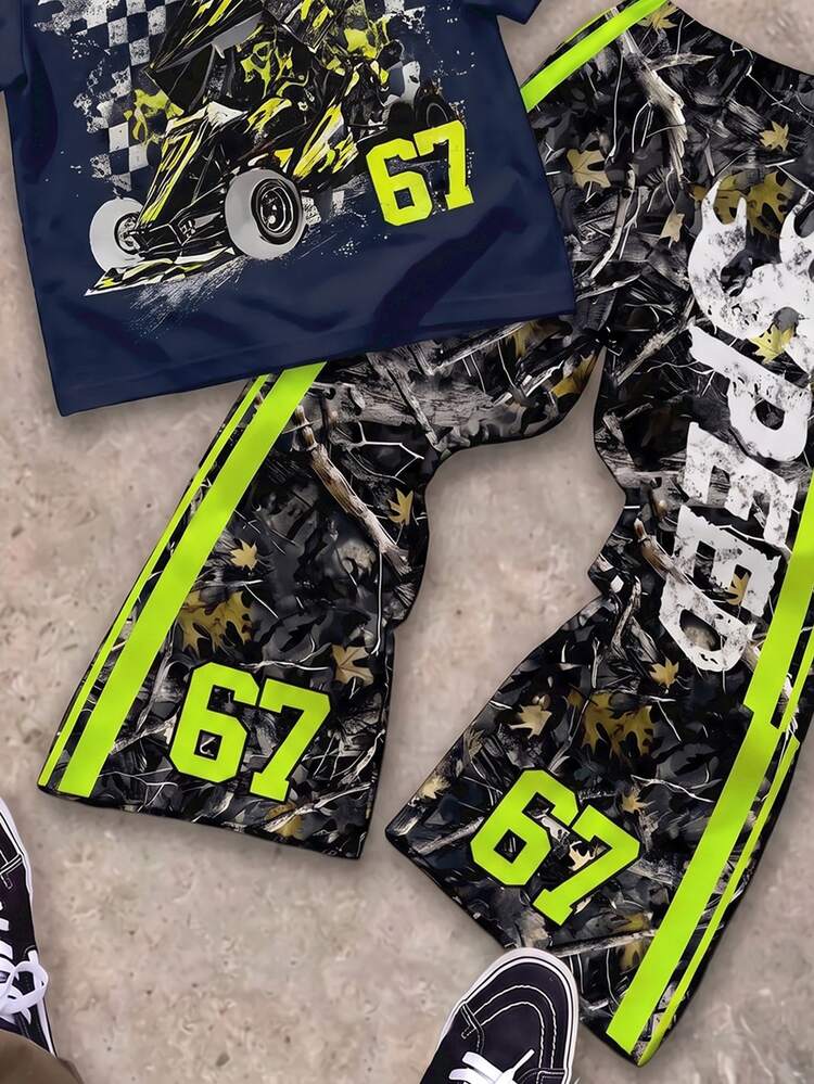 Kids Tween Boy Letter & Number Print Short Sleeve T-Shirt And Long Pants Casual Daily Outfit Set - Multicolor - View 4