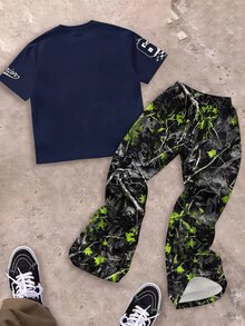 Kids Tween Boy Letter & Number Print Short Sleeve T-Shirt And Long Pants Casual Daily Outfit Set - Multicolor - View 2