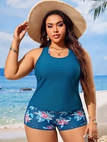 Swim Lushoire Plus Size Women 3 PiecesSwimsuit Set, Random Floral Print Sleeveless Cover-Up, Racerback Bra Top And Shorts, Suitable For Beach, Pool, Sports - Multicolor - View 3