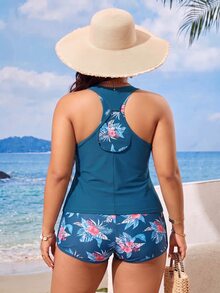 Swim Lushoire Plus Size Women 3 PiecesSwimsuit Set, Random Floral Print Sleeveless Cover-Up, Racerback Bra Top And Shorts, Suitable For Beach, Pool, Sports - Multicolor - View 2