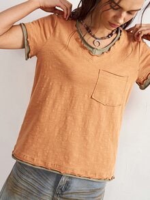 Bohemela 女士休闲撞色V领短袖宽松T恤 - 彩色 - 查看 7