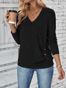 EMERY ROSE Women's Casual Basic Versatile Solid Color Long Sleeve T-Shirt Travel Black Autumn - Black - View 3