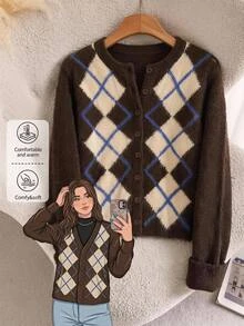 SHEIN Clasi Plus Size Women's Round Neck Vintage 1920 Vintage Casual Plaid Cardigan Formal Vacation Brown Autumn Social Blouse - Brown - View 1