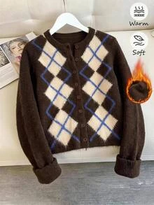 SHEIN Clasi Plus Size Women's Round Neck Vintage 1920 Vintage Casual Plaid Cardigan Formal Vacation Brown Autumn Social Blouse - Brown - View 8