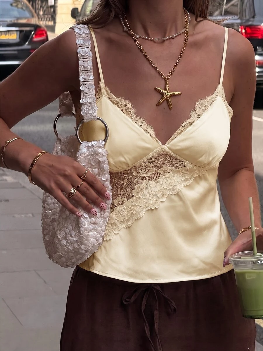 Opulessa 女款純色編織對比蕾絲細肩帶背心,適合春夏度假、夜晚外出、早午餐、茶會,奶油色,性感浪漫優雅 - 卡其色 - 查看 1