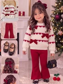 SHEIN Baby Girl Knitted 3D Bow & Heart Pattern Round Neck Sweater And Long Pants 2 Pieces Set, Suitable For Autumn And Winter Christmas - Red and White - View 7