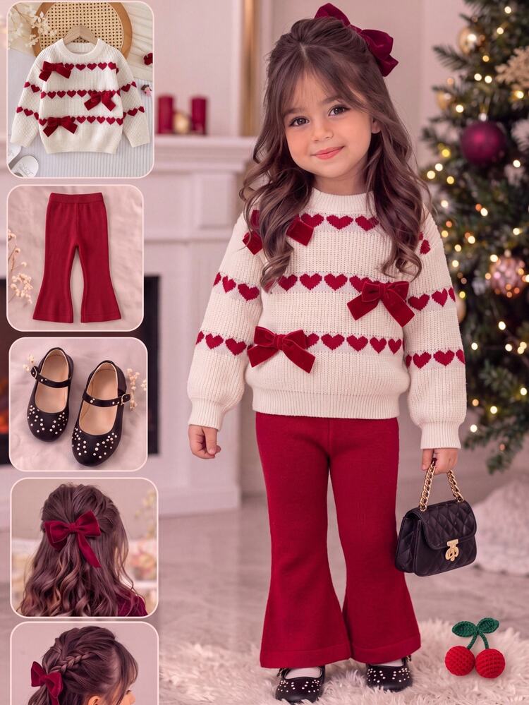 SHEIN Baby Girl Knitted 3D Bow & Heart Pattern Round Neck Sweater And Long Pants 2 Pieces Set, Suitable For Autumn And Winter Christmas - Red and White - View 7