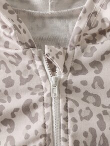SHEIN 青少年女孩時尚簡約純色連帽拉鍊印字字母高腰秋冬連身褲，淺灰色豹紋與白色條紋 - 彩色 - 查看 7
