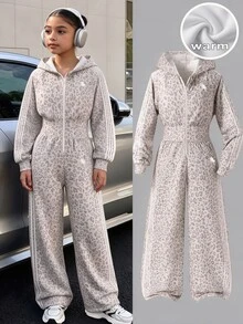 SHEIN 青少年女孩時尚簡約純色連帽拉鍊印字字母高腰秋冬連身褲，淺灰色豹紋與白色條紋 - 彩色 - 查看 8