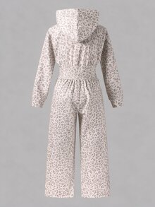 SHEIN 青少年女孩時尚簡約純色連帽拉鍊印字字母高腰秋冬連身褲，淺灰色豹紋與白色條紋 - 彩色 - 查看 6