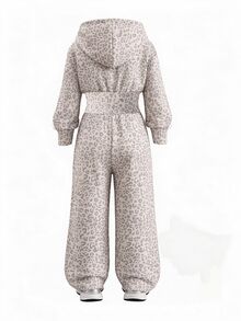 SHEIN 青少年女孩時尚簡約純色連帽拉鍊印字字母高腰秋冬連身褲，淺灰色豹紋與白色條紋 - 彩色 - 查看 2