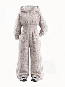 SHEIN 青少年女孩時尚簡約純色連帽拉鍊印字字母高腰秋冬連身褲，淺灰色豹紋與白色條紋 - 彩色 - 查看 3