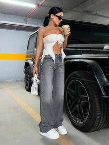 SHEIN Damen Dunkelgrau Washed Weite Beine Lässig Alternative Jeans Kurven Formell Abend Winter - Dunkle Waschung - Übersicht 7