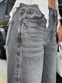 SHEIN Damen Dunkelgrau Washed Weite Beine Lässig Alternative Jeans Kurven Formell Abend Winter - Dunkle Waschung - Übersicht 5