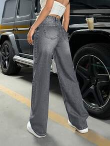 SHEIN Damen Dunkelgrau Washed Weite Beine Lässig Alternative Jeans Kurven Formell Abend Winter - Dunkle Waschung - Übersicht 2