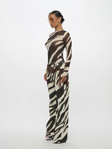 SUMWON Zebra Print Semi-Sheer Mesh Crop Top Off-Shoulder Long Sleeve Fitted Animal Print Party Club Going Out Night Out Top Fall Beige Sexy - Multicolor - View 5