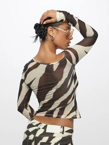 SUMWON Zebra Print Semi-Sheer Mesh Crop Top Off-Shoulder Long Sleeve Fitted Animal Print Party Club Going Out Night Out Top Fall Beige Sexy - Multicolor - View 2
