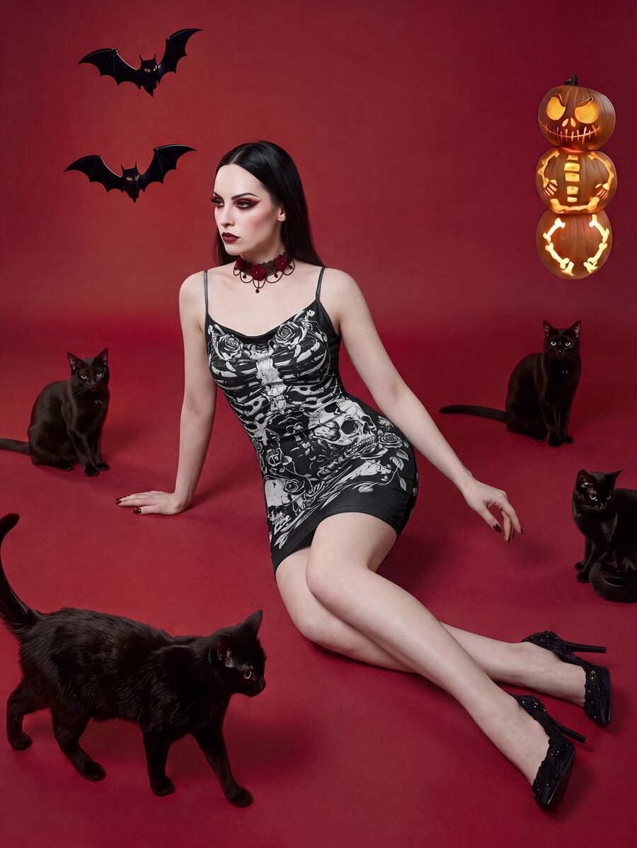 Glisette Fashion Women's Black Halloween Skull Knit Print Dress - Multicolor - View 1