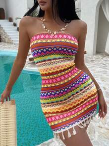 Sunnyshic Multi-Color European & American Sexy Lady Vacation Bandeau Bodycon Short Tassel Hem Dress - Multicolor - View 5