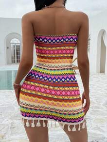 Sunnyshic Multi-Color European & American Sexy Lady Vacation Bandeau Bodycon Short Tassel Hem Dress - Multicolor - View 2