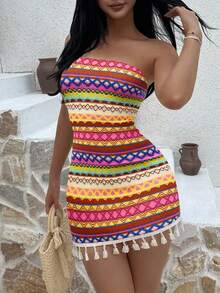 Sunnyshic Multi-Color European & American Sexy Lady Vacation Bandeau Bodycon Short Tassel Hem Dress - Multicolor - View 3