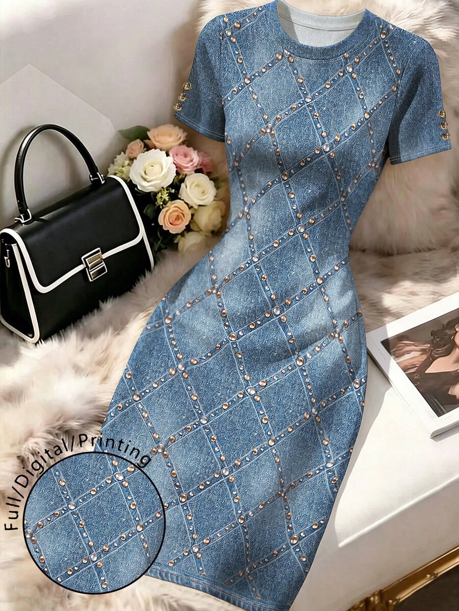 Elenzga Plus Size Women's New Fashion Blue Plaid Faux Opal Print Round Neck Short Sleeve Fitted Midi Dress, Summer Style - Multicolor - View 1