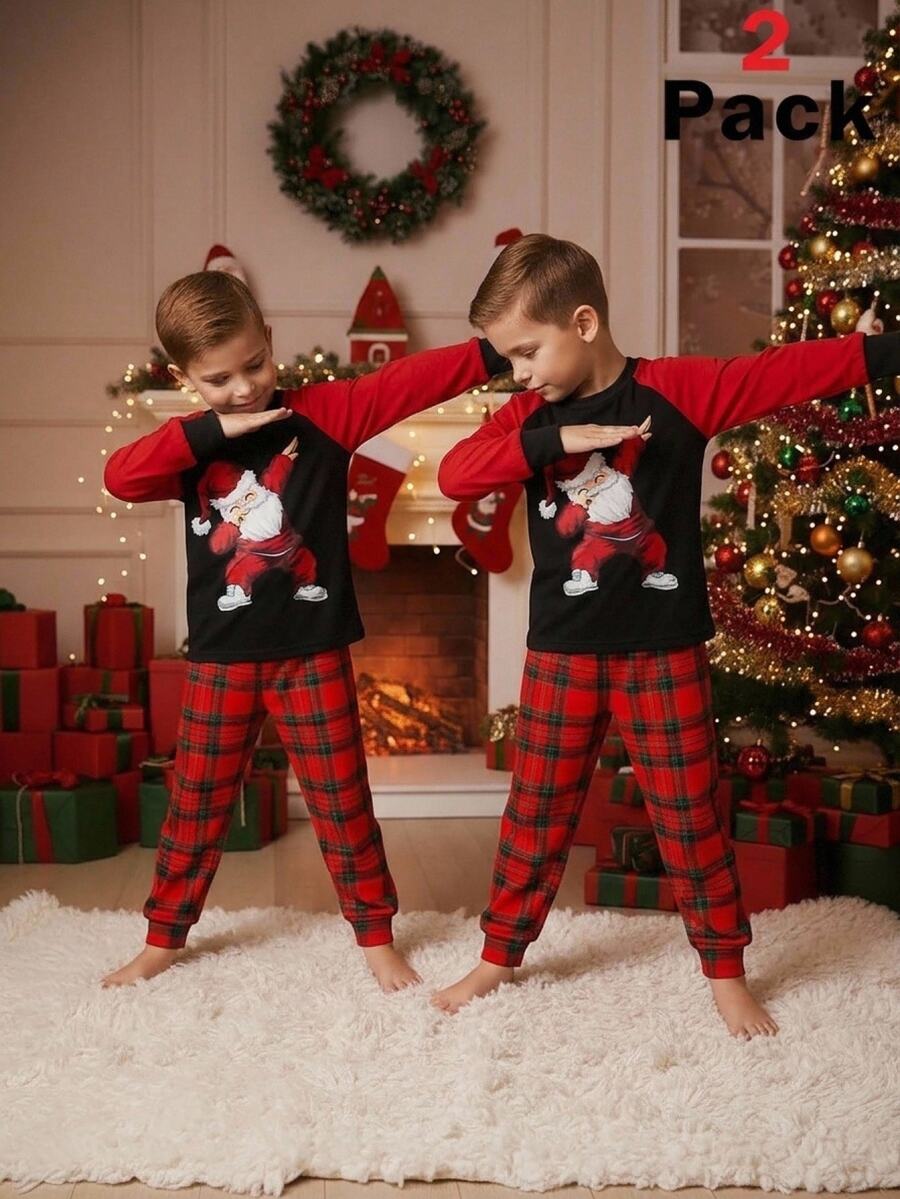 SHEIN Boys' Christmas Dinosaur Print Fitted Pajama 2 Pieces Set - Multicolor - View 1