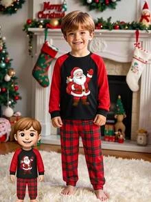 SHEIN Boys' Christmas Dinosaur Print Fitted Pajama 2 Pieces Set - Multicolor - View 1