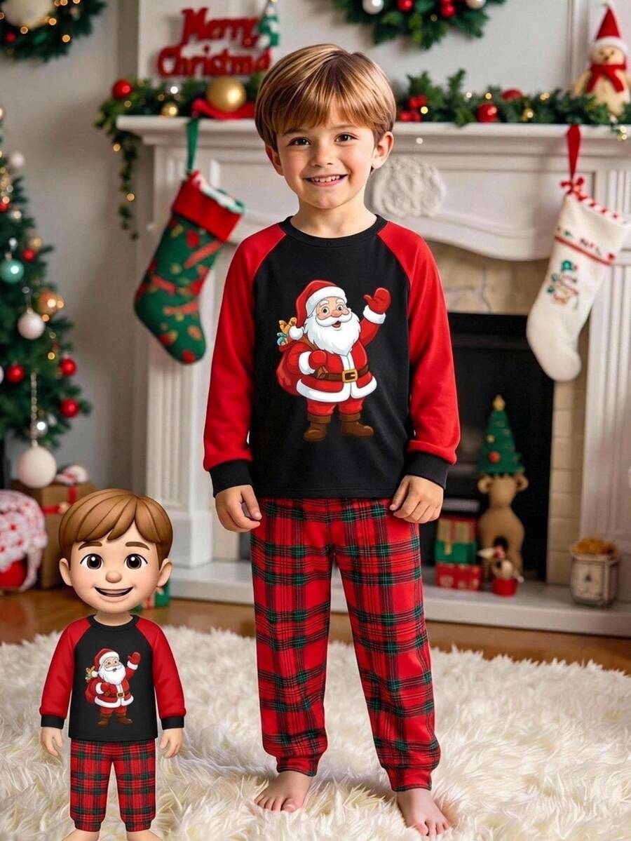 SHEIN Boys' Christmas Dinosaur Print Fitted Pajama 2 Pieces Set - Multicolor - View 1