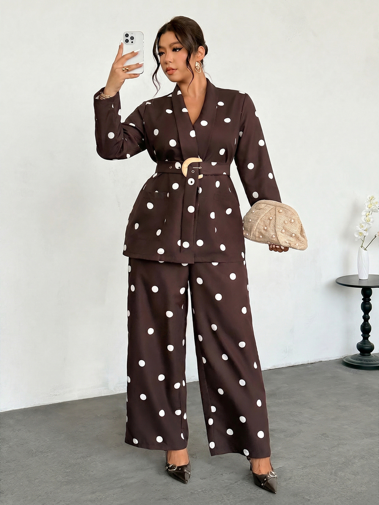 Firerie Plus Size Polka Dot Print Jacket Pants Suit Set Summer Elegant Casual 1960s Office Brunch Party Formal Club Business Work Women Fall/Winter - Coffee Brown - View 6