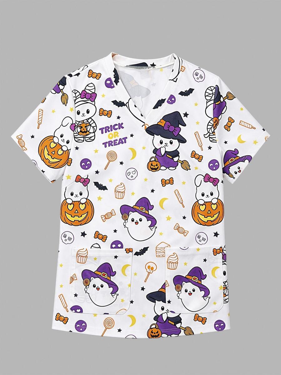 PopScrub Casual Minimalist Scrub Uniform Top Halloween Cute Pumpkin Magic Hat Cat - Multicolor - View 1
